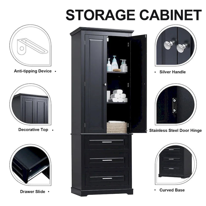 Armoire de rangement haute noire à 3 tiroirs – Unité individuelle
