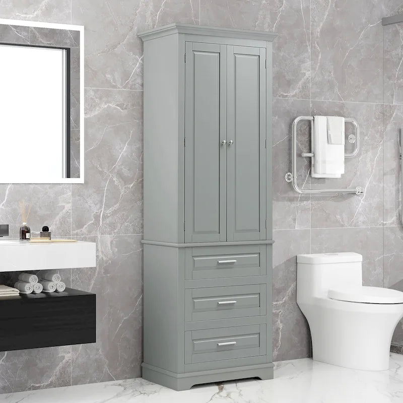 Armoire de rangement haute, 3 tiroirs et 2 portes, Blanc / Gris / Noir