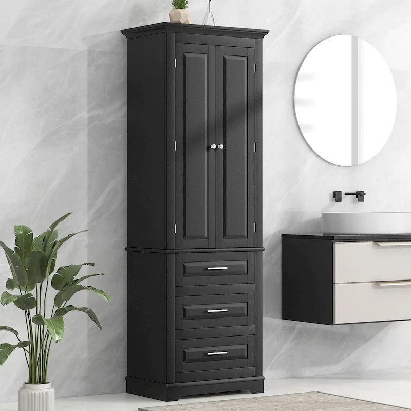 Armoire de rangement haute, 3 tiroirs et 2 portes, Blanc / Gris / Noir