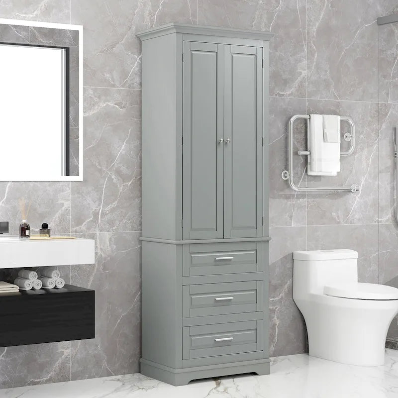 Armoire de rangement haute, 3 tiroirs et 2 portes, Blanc / Gris / Noir
