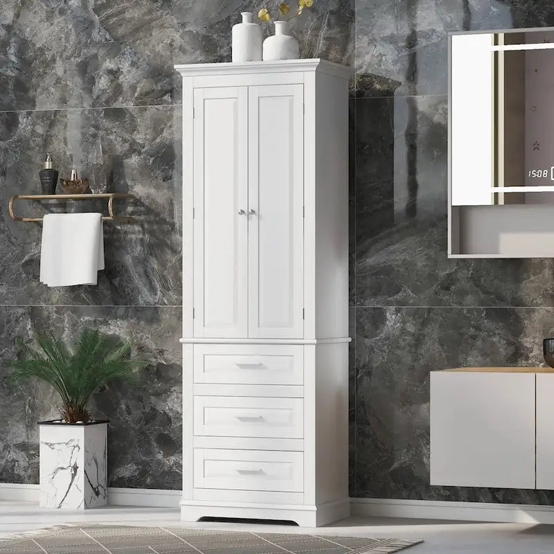 Armoire de rangement haute, 3 tiroirs et 2 portes, Blanc / Gris / Noir