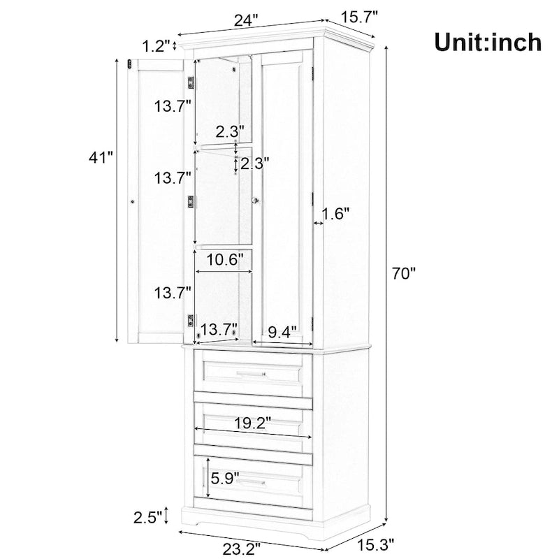 Armoire de rangement haute, 3 tiroirs et 2 portes, Blanc / Gris / Noir