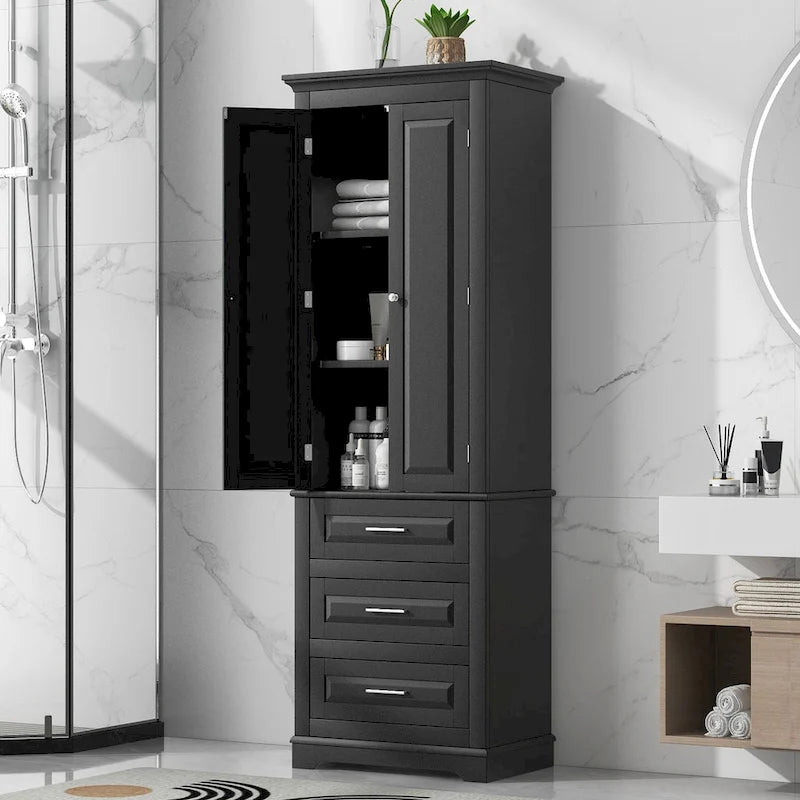 Armoire de rangement haute, 3 tiroirs et 2 portes, Blanc / Gris / Noir