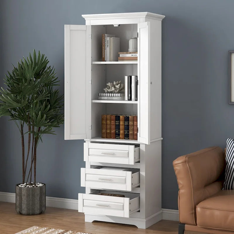 Armoire de rangement haute, 3 tiroirs et 2 portes, Blanc / Gris / Noir