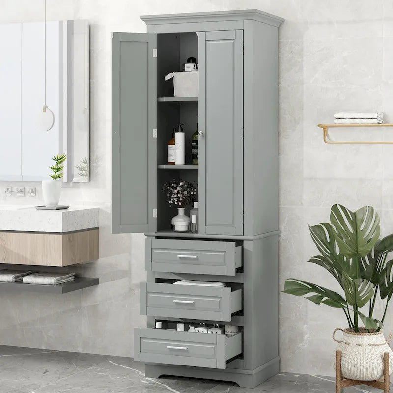 Armoire de rangement haute, 3 tiroirs et 2 portes, Blanc / Gris / Noir