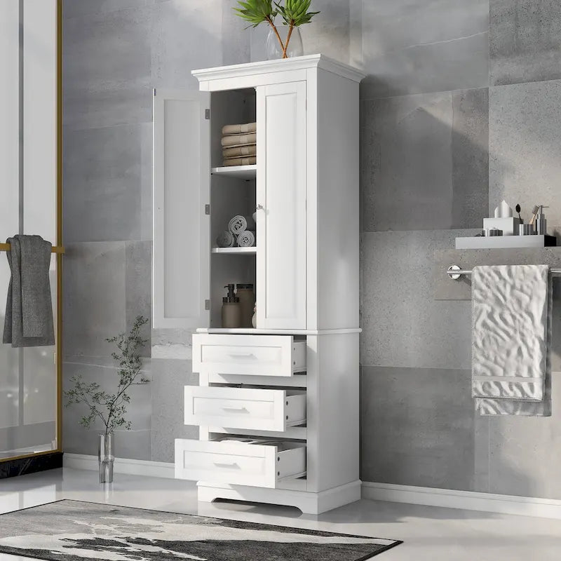 Armoire de rangement haute, 3 tiroirs et 2 portes, Blanc / Gris / Noir
