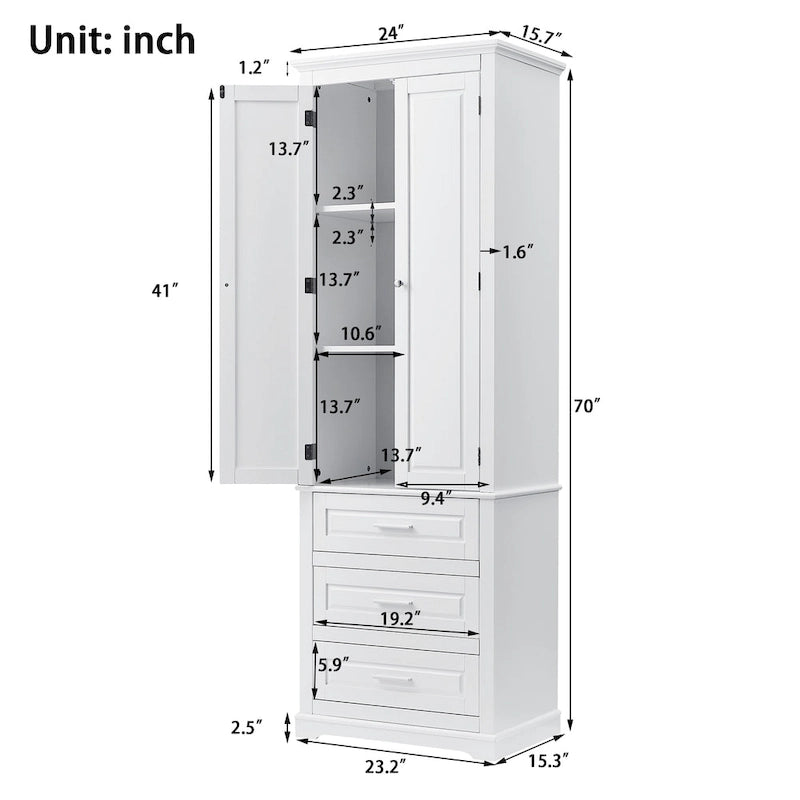 Armoire de rangement haute, 3 tiroirs et 2 portes, Blanc / Gris / Noir