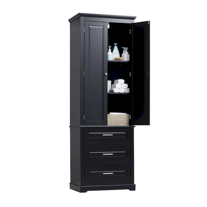 Armoire de rangement haute, 3 tiroirs et 2 portes, Blanc / Gris / Noir