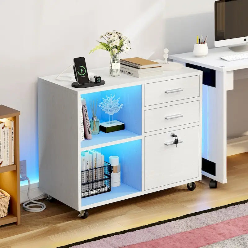 Moasis Classeur mobile à LED 3 tiroirs avec station de charge compatible format A4/Lettre