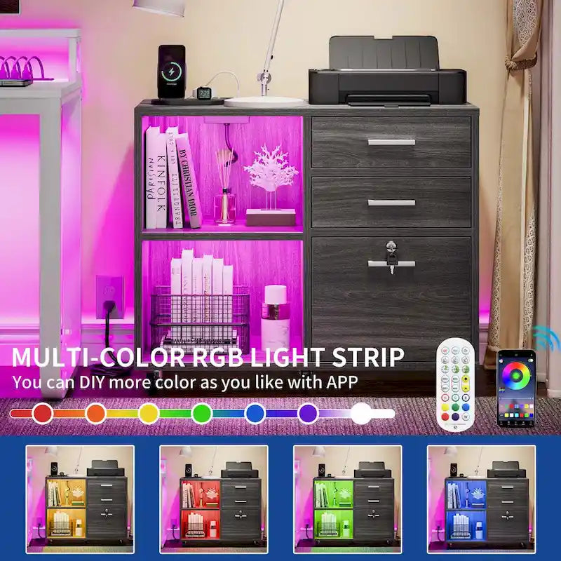 Moasis Classeur mobile à LED 3 tiroirs avec station de charge compatible format A4/Lettre