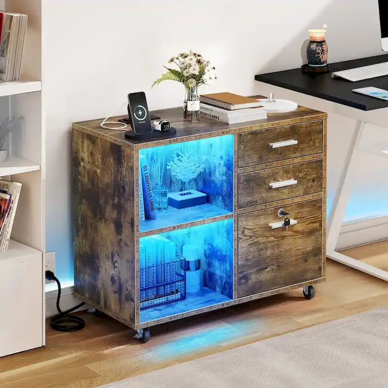 Moasis Classeur mobile à LED 3 tiroirs avec station de charge compatible format A4/Lettre