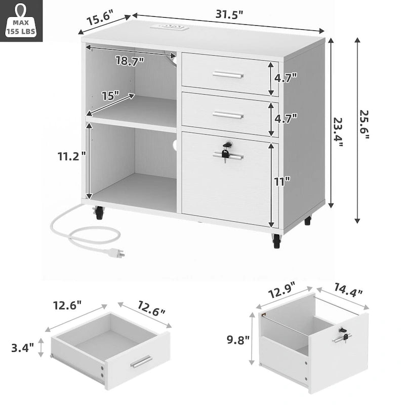 Moasis Classeur mobile à LED 3 tiroirs avec station de charge compatible format A4/Lettre
