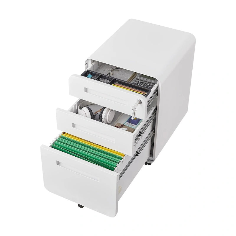 Caisson de classement mobile blanc à 3 tiroirs avec 5 roulettes, utilisateur unique, maison et bureau