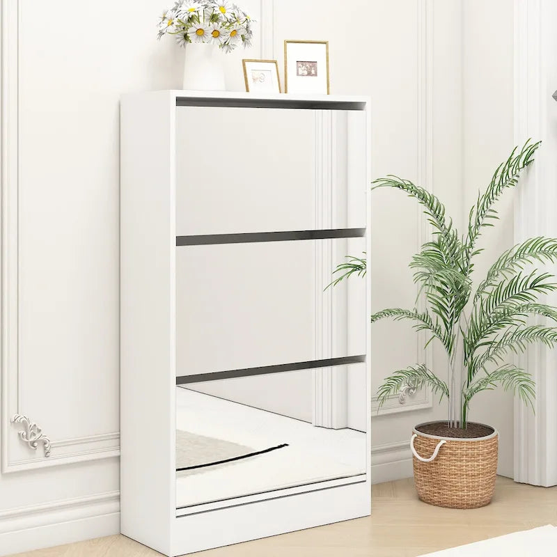Meuble à chaussures rotatif blanc 3 tiroirs avec miroir pleine longueur, simple