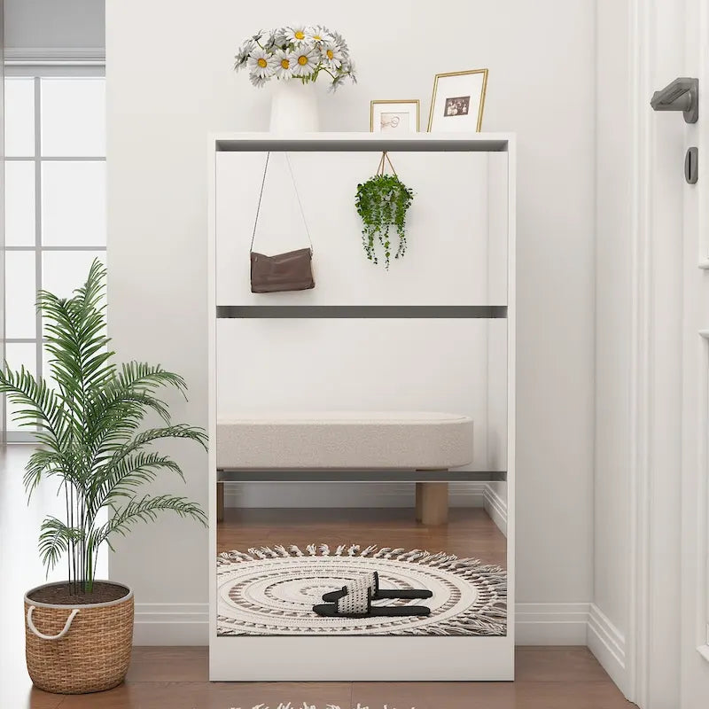 Meuble à chaussures rotatif blanc 3 tiroirs avec miroir pleine longueur, simple