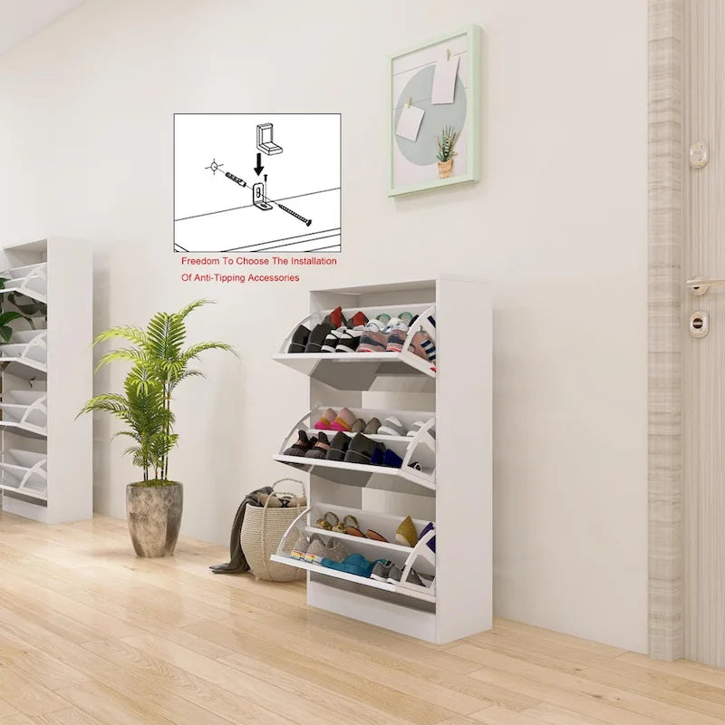 Meuble à chaussures rotatif blanc 3 tiroirs avec miroir pleine longueur, simple
